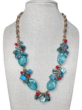 Turquoise Beaded Statement Necklace with Coral Accents